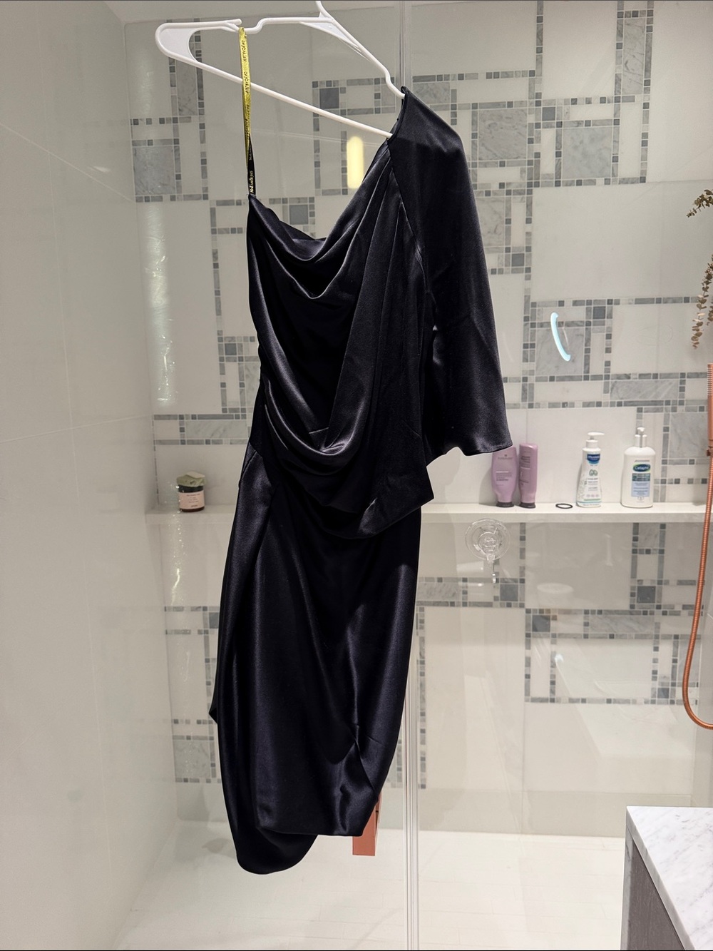 Catherine Malandrino Black One-Shoulder Draped Asymmetrical Satin Dress